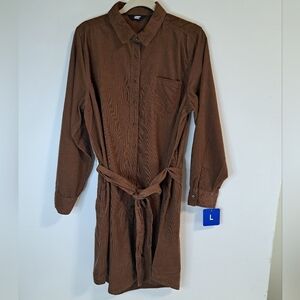 Lands End Pinewale Corduroy Belted Button Brown Dress Womens Size Large NWT